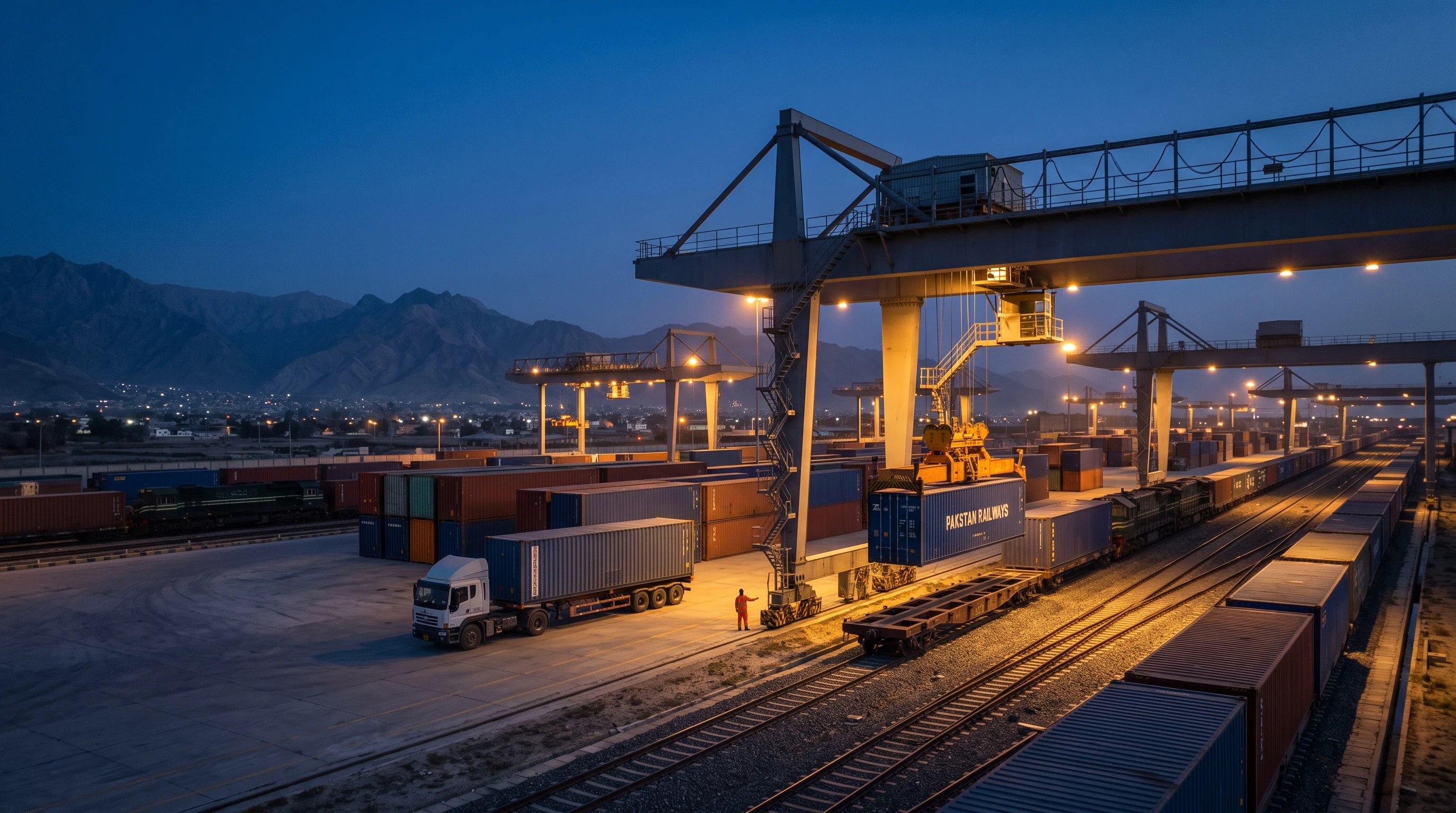 Rail freight terminal with container crane at dusk, Pakistan Railways wagon in foreground – Falcon Global Logistics