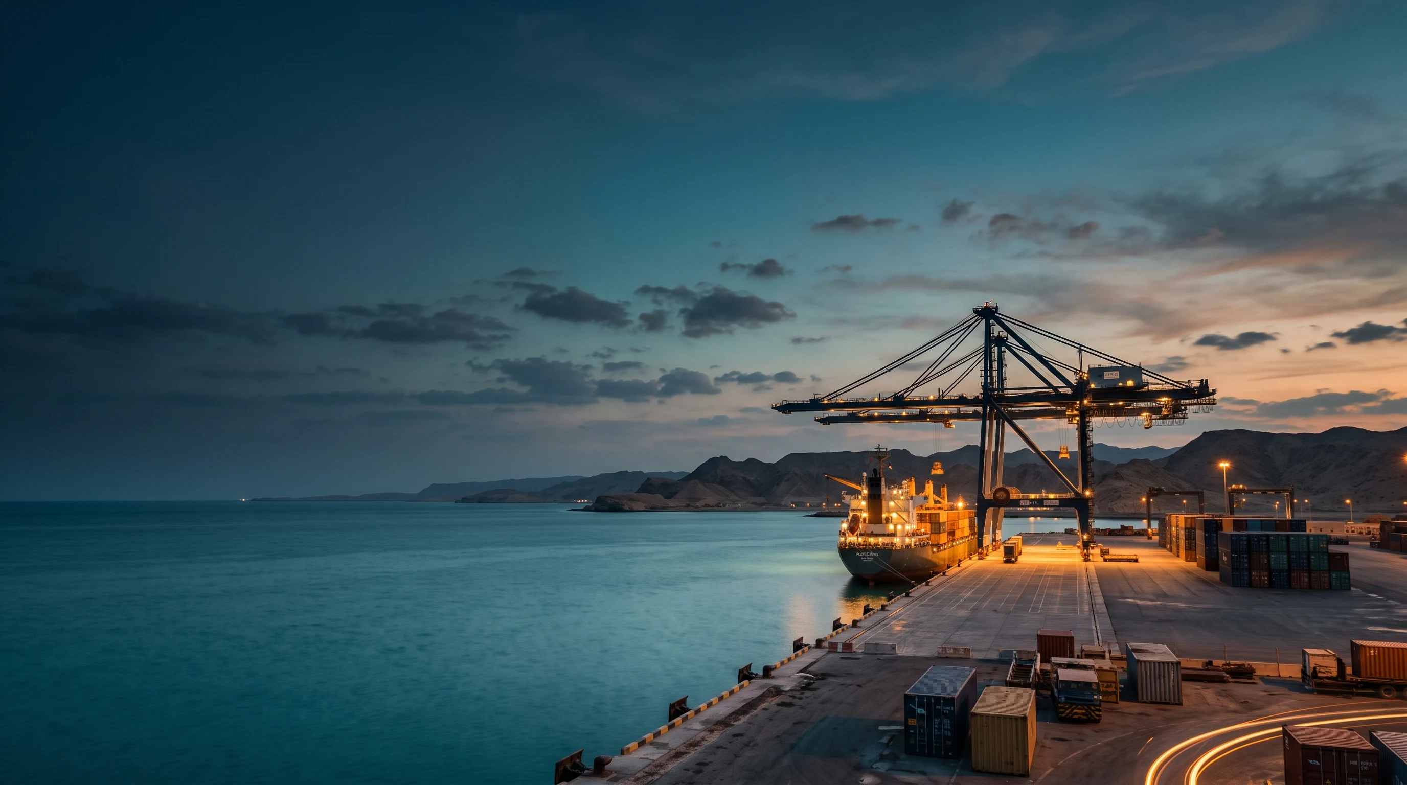 Container ship docked at a quiet coastal port terminal at dusk with coastal hills in the background – Falcon Global Logistics