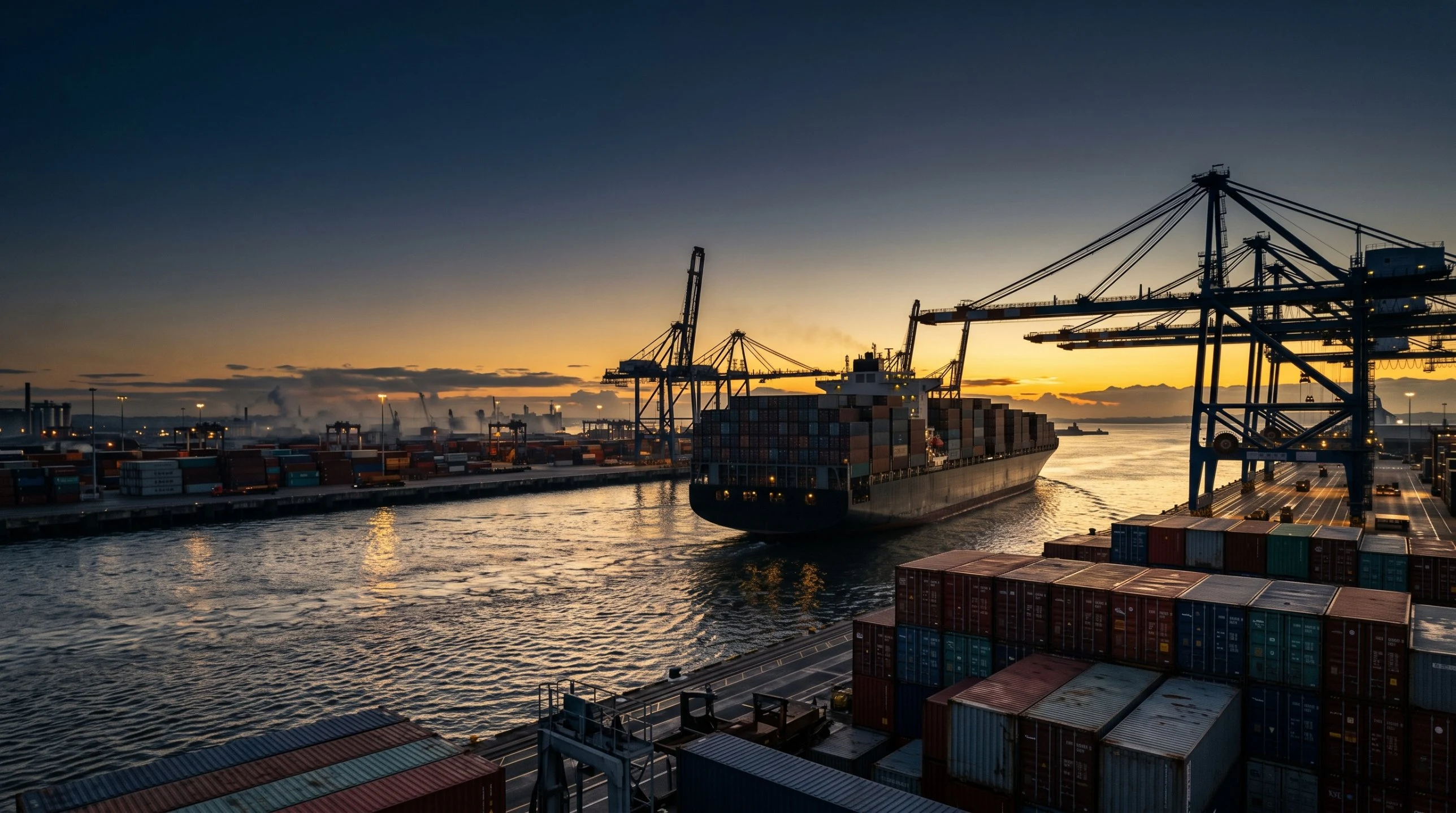 Container ship departing a busy port terminal at dusk with cranes and stacked containers – Falcon Global Logistics
