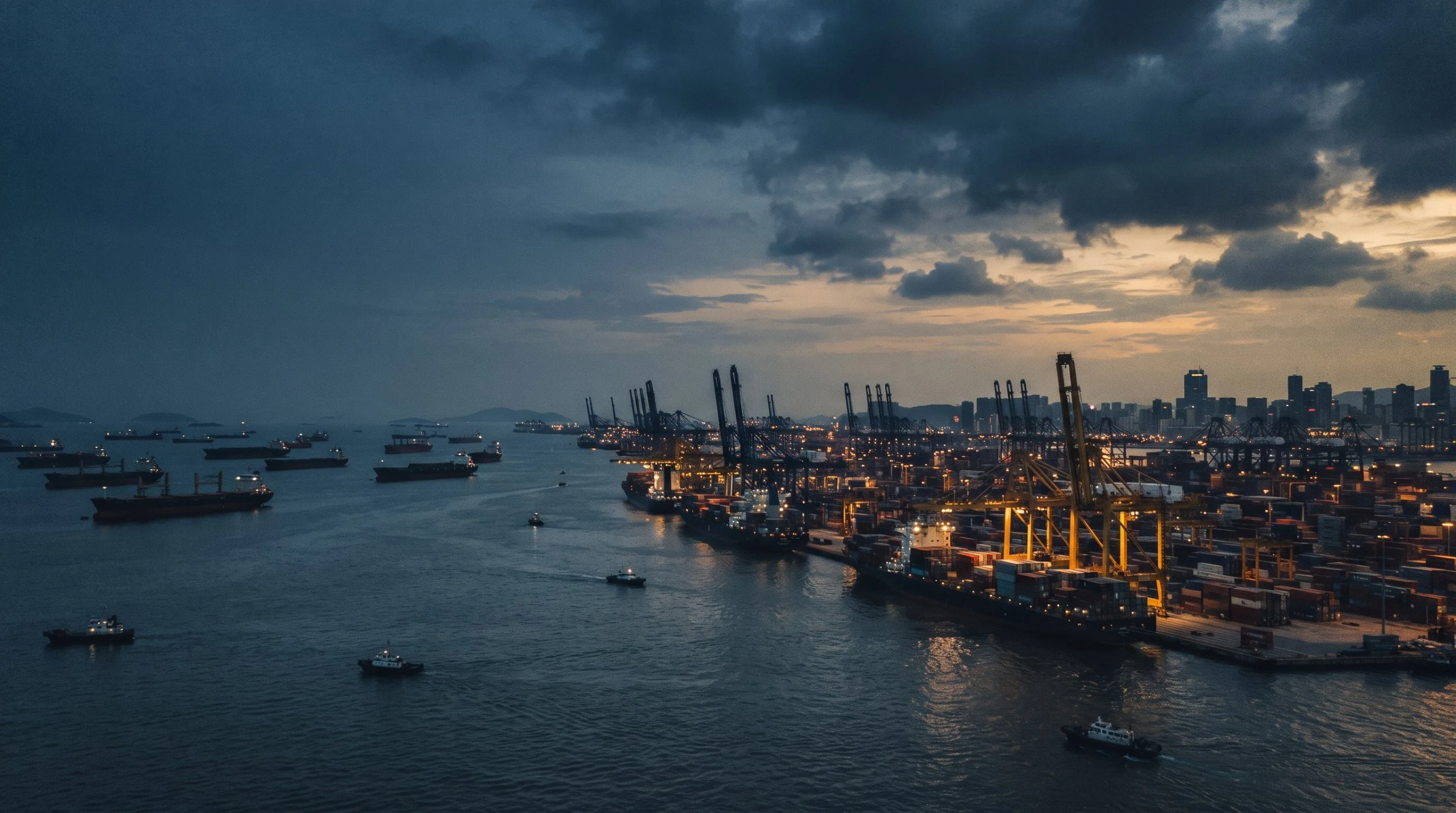 Container ships anchored and berthed at a busy port terminal at dusk with cranes loading cargo – Karachi Port congestion watch, Falcon Global Logistics