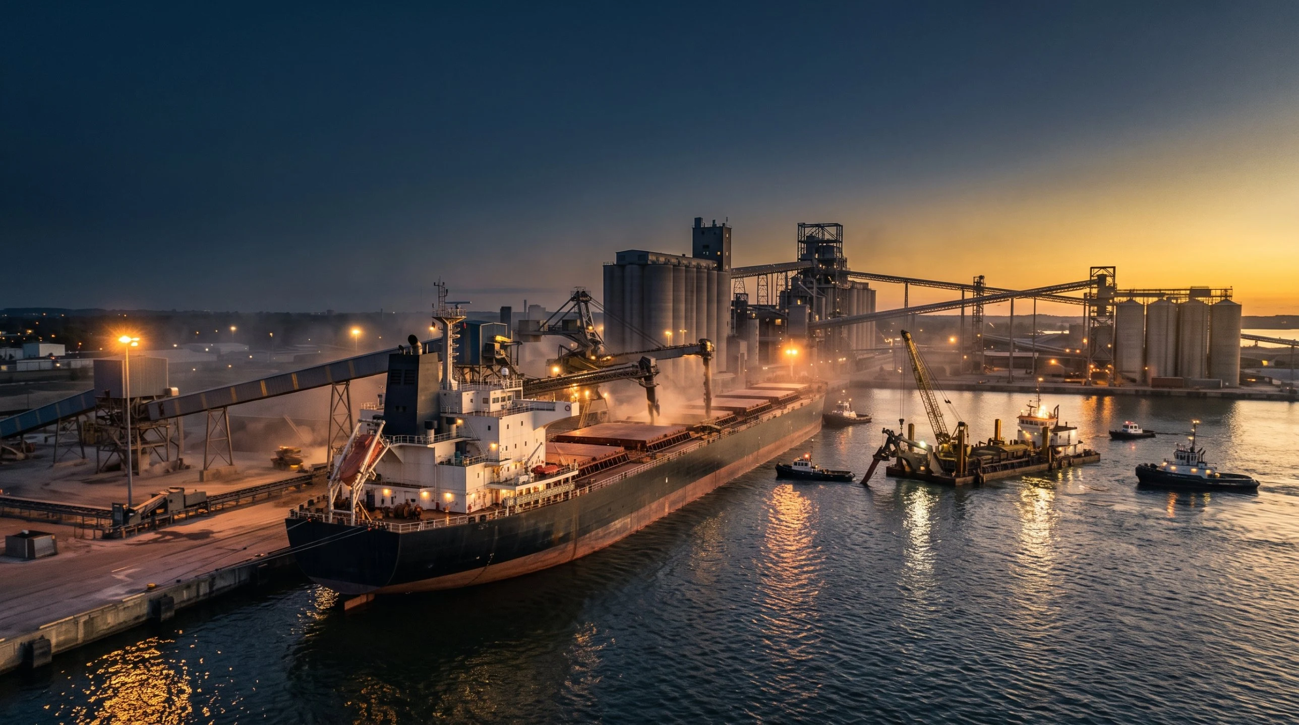 Bulk cargo vessel being loaded at a port terminal at dusk with grain silos and dredging equipment – Falcon Global Logistics