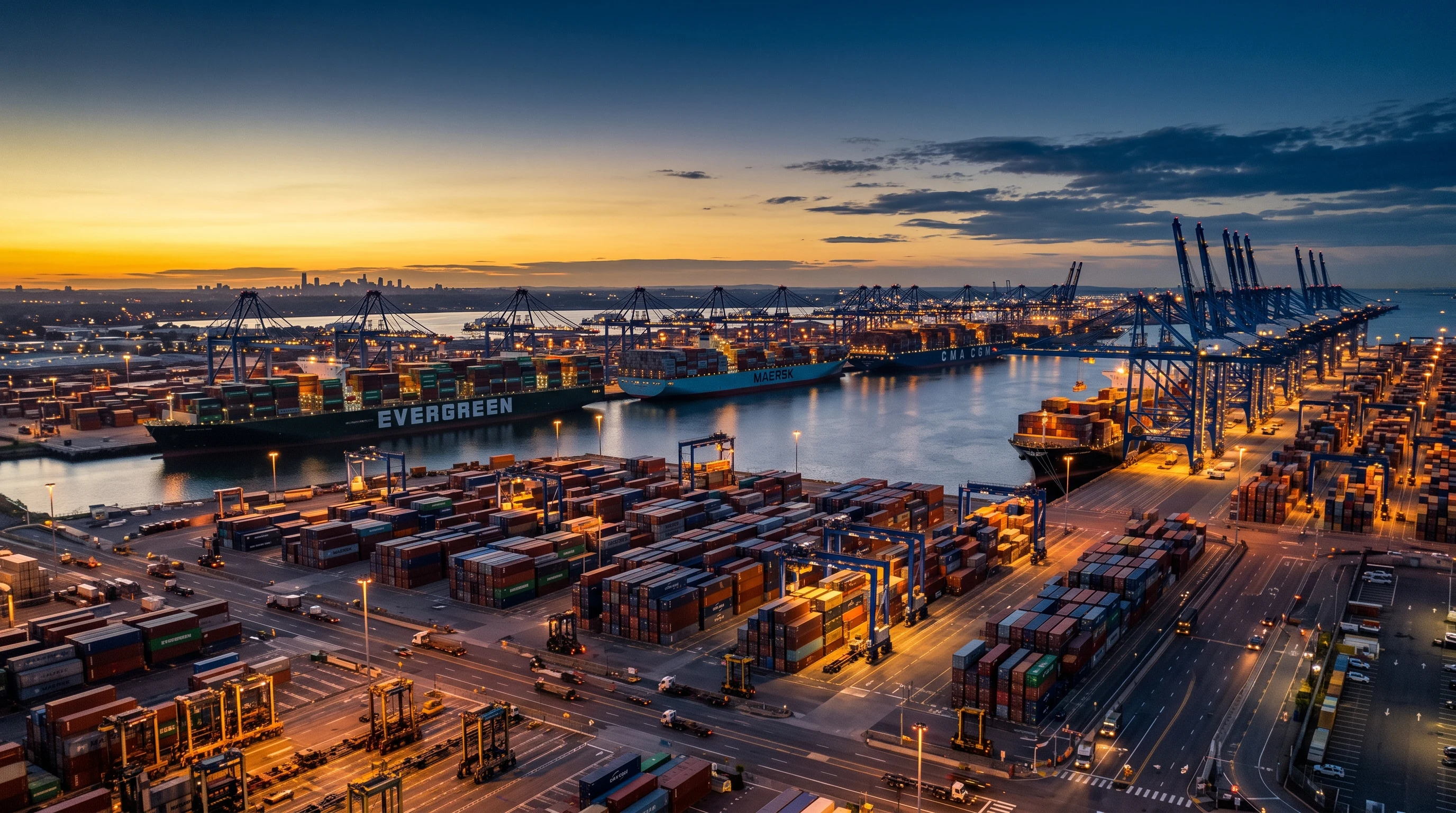 Karachi Port record cargo volumes 2026 – busy container terminal at dusk – Falcon Global Logistics