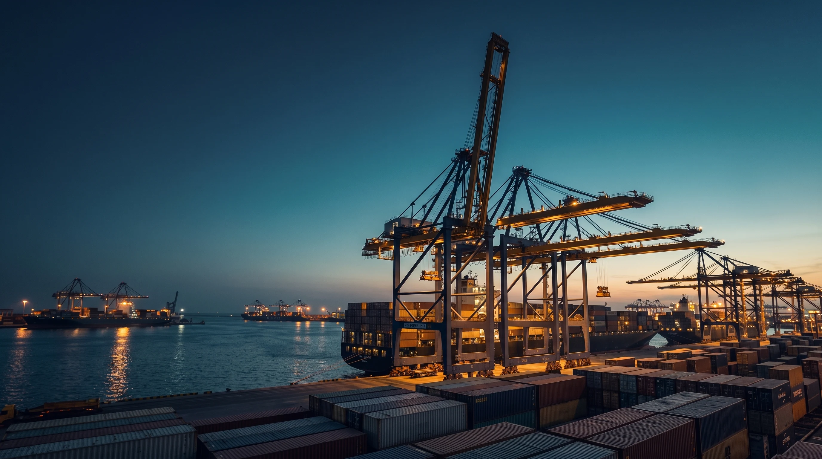 Container ship being loaded by gantry cranes at Karachi Port at dusk – Falcon Global Logistics