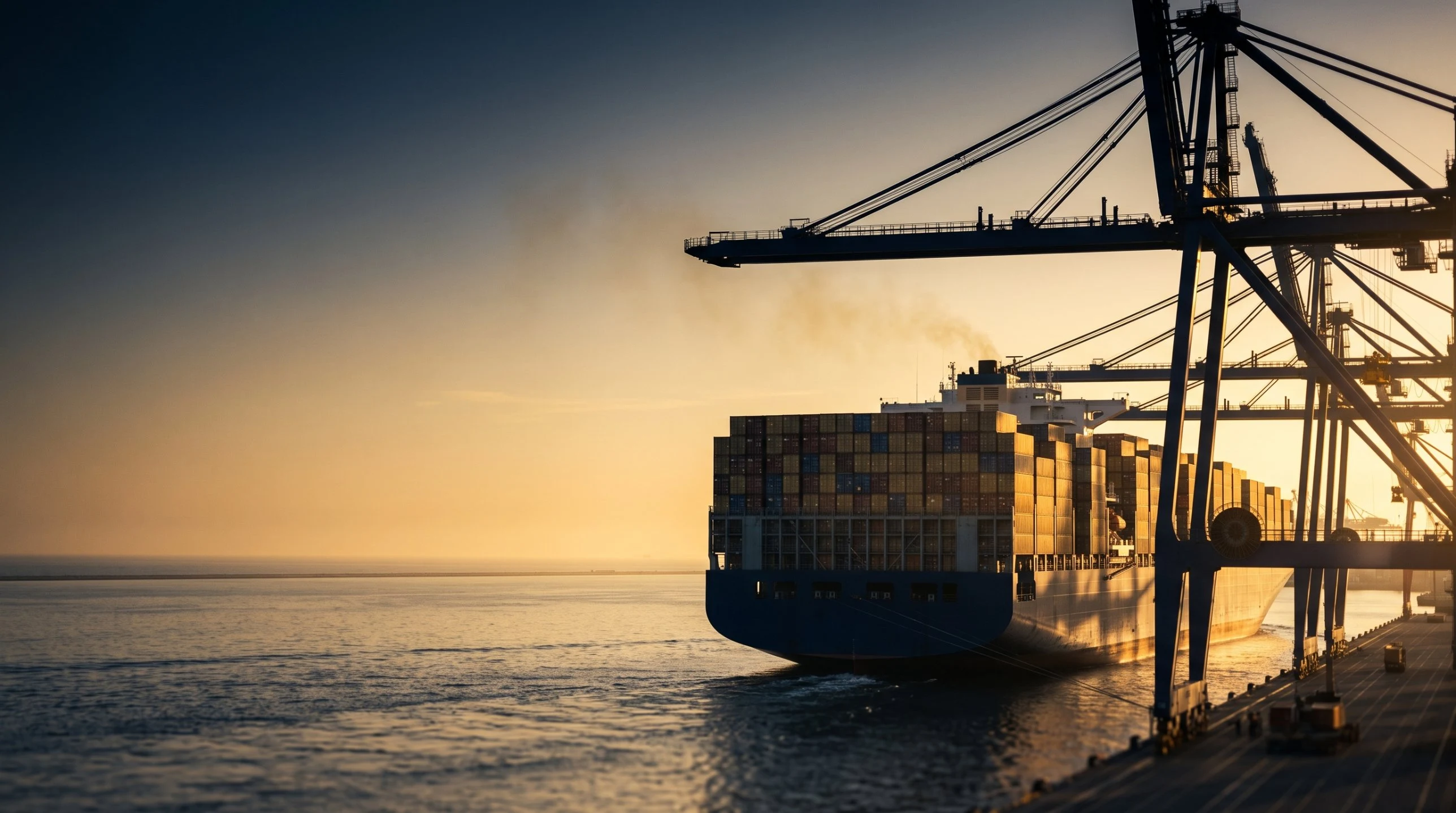 Container ship departing a port terminal at sunset with gantry cranes in the foreground – Falcon Global Logistics