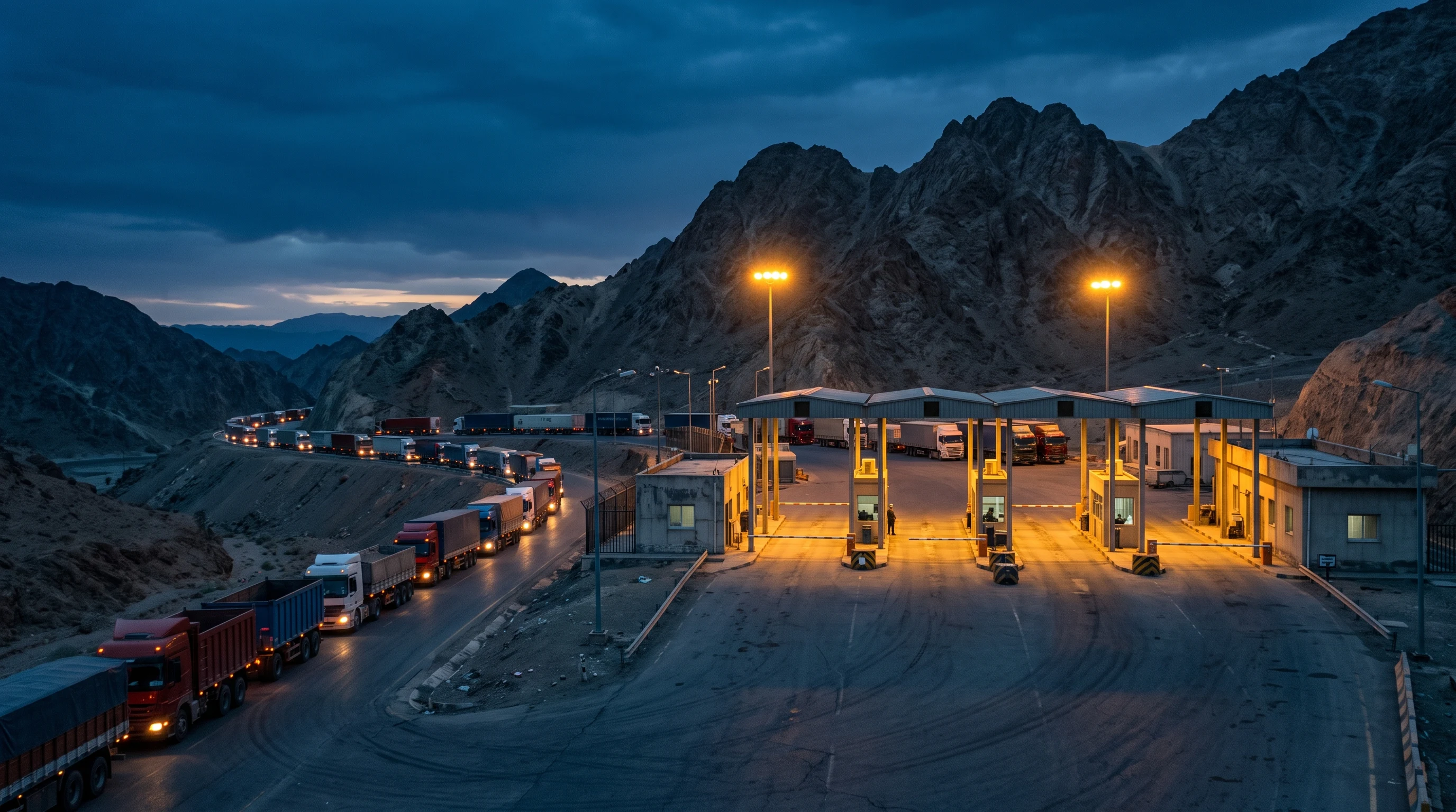 Cargo trucks queued at a mountain border customs checkpoint at dusk – Falcon Global Logistics