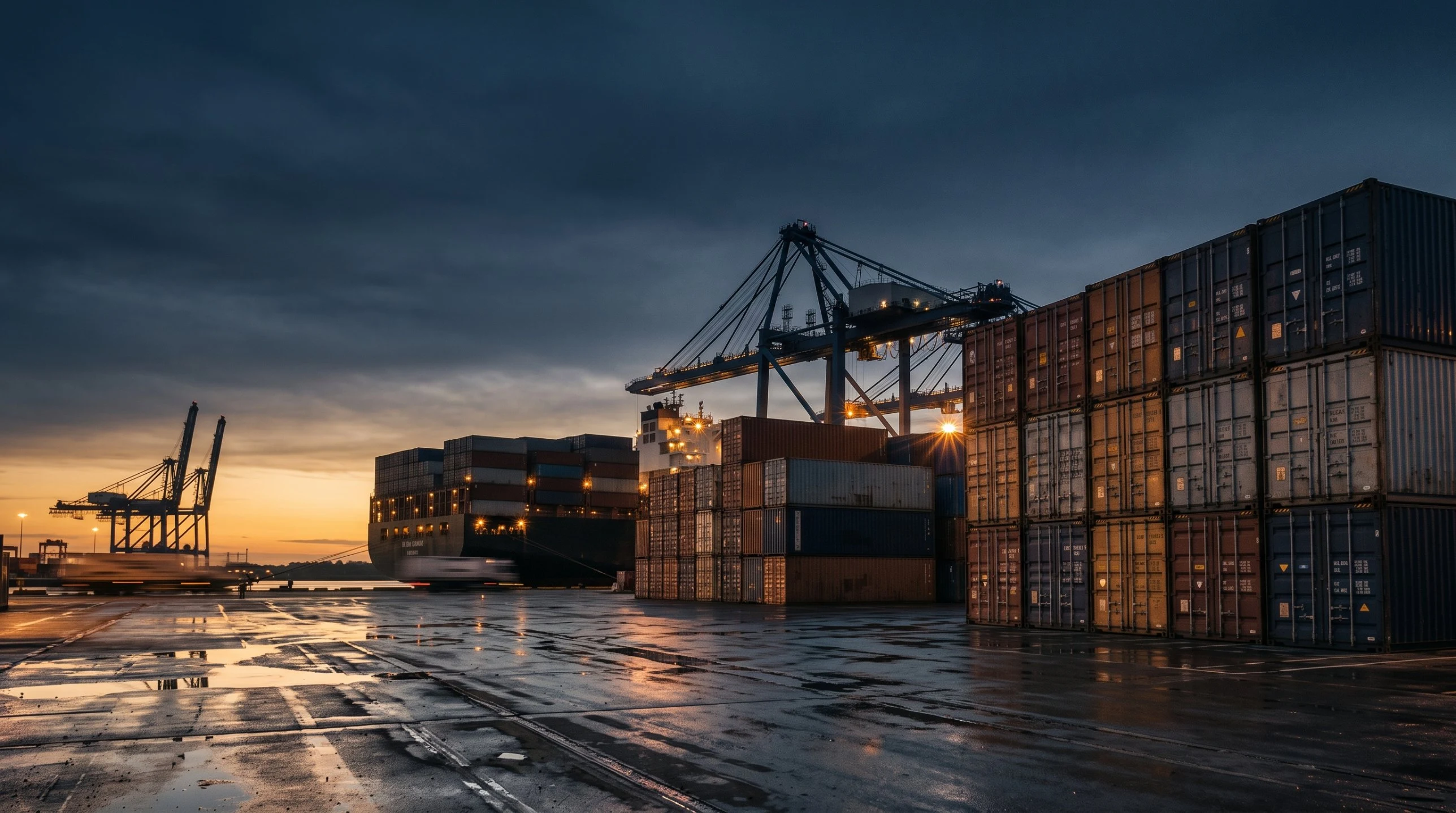 Shipping containers stacked at a port terminal at dusk with a cargo ship and cranes in the background – Falcon Global Logistics