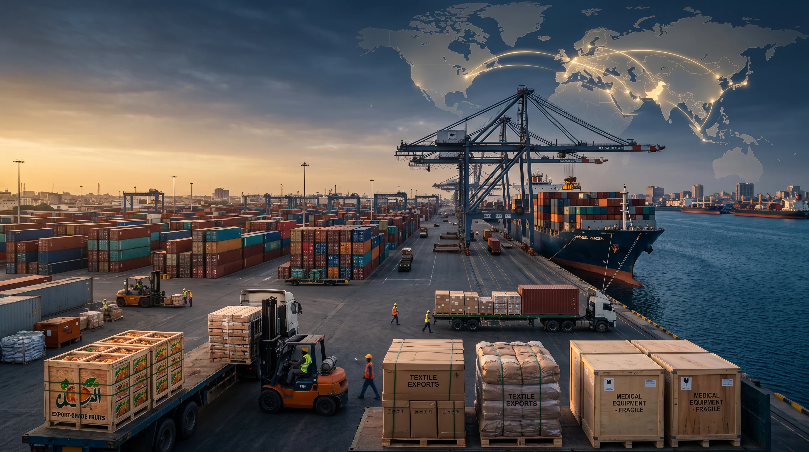 Pakistan export-led growth push 2026 – Karachi port textile, medical, and horticulture exports – Falcon Global Logistics