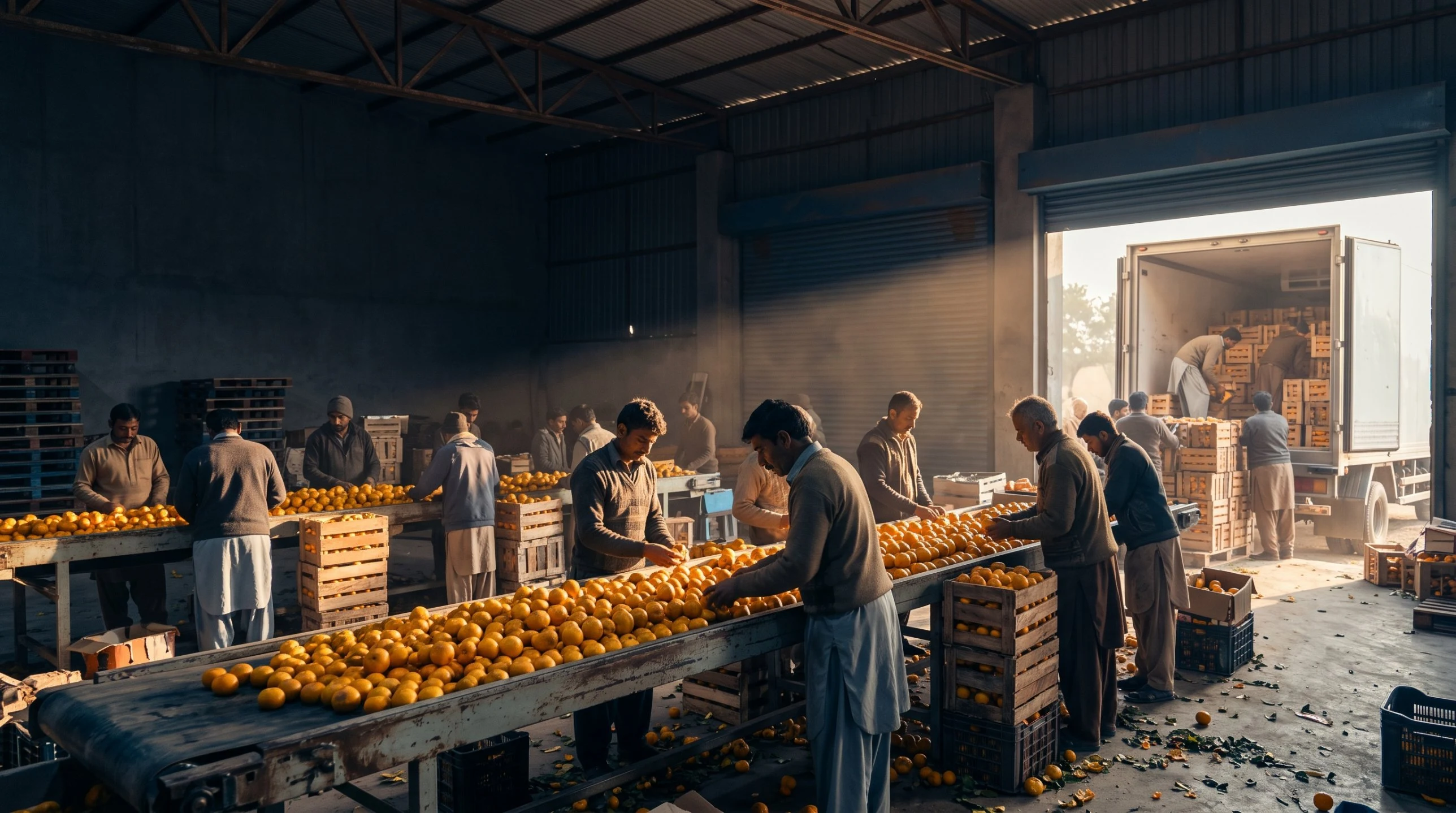 Workers sorting and packing fresh citrus fruit for export at a Pakistani packing facility – Falcon Global Logistics