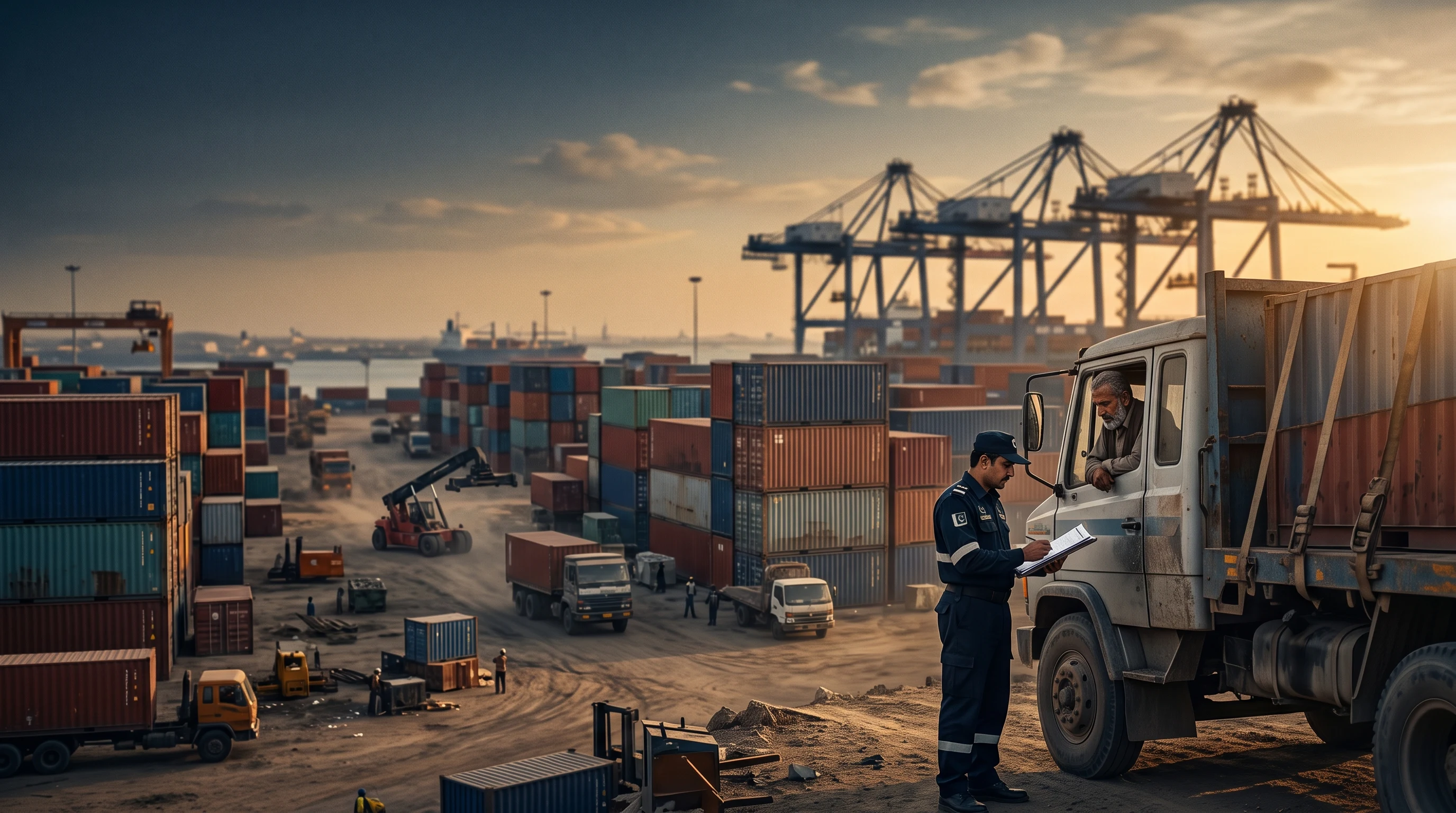 Pakistan customs official reviewing import documentation at a container port – Falcon Global Logistics