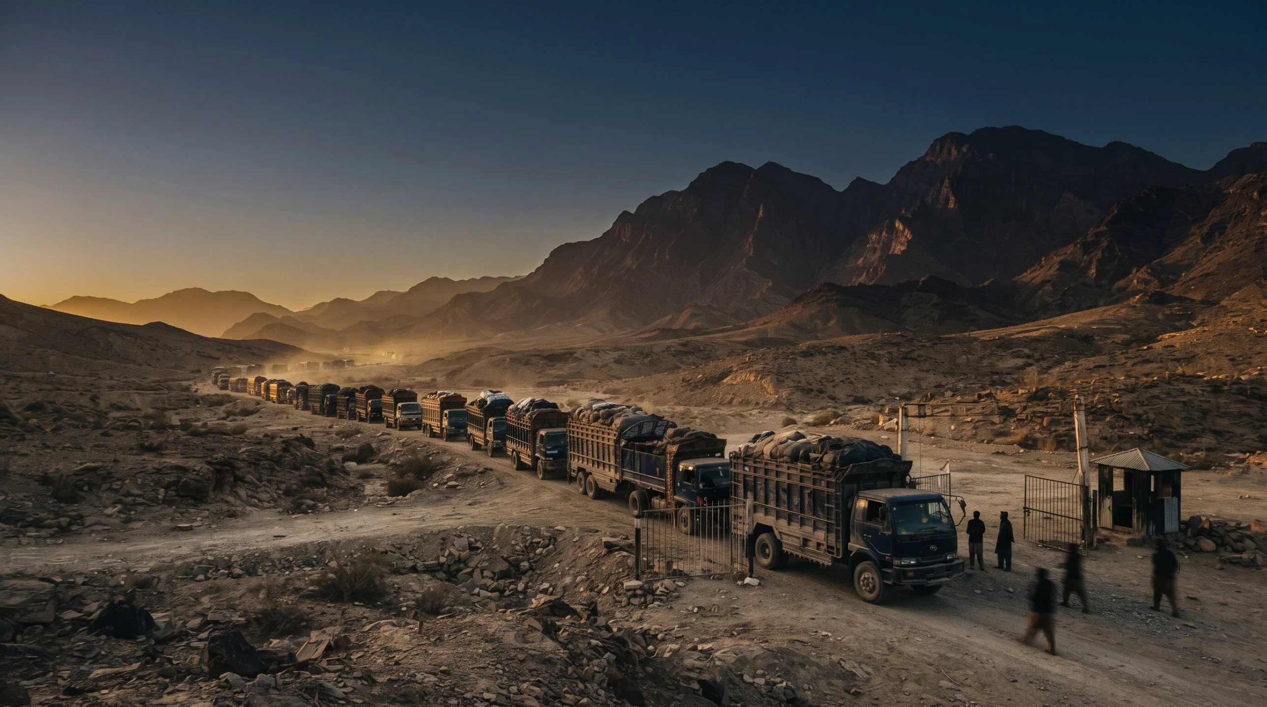 Line of cargo trucks queued at a dusty Balochistan border crossing at dusk – Pakistan-Iran border trade suspension, Falcon Global Logistics