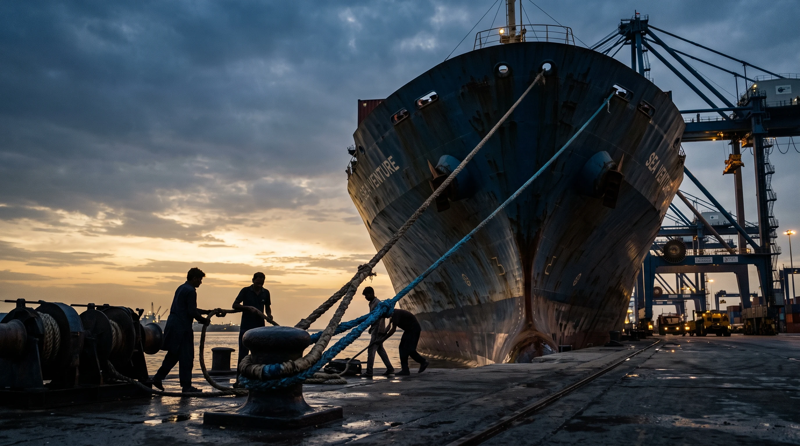 Container ship bow moored at a Pakistani port at dusk with dockworkers and cranes – Falcon Global Logistics