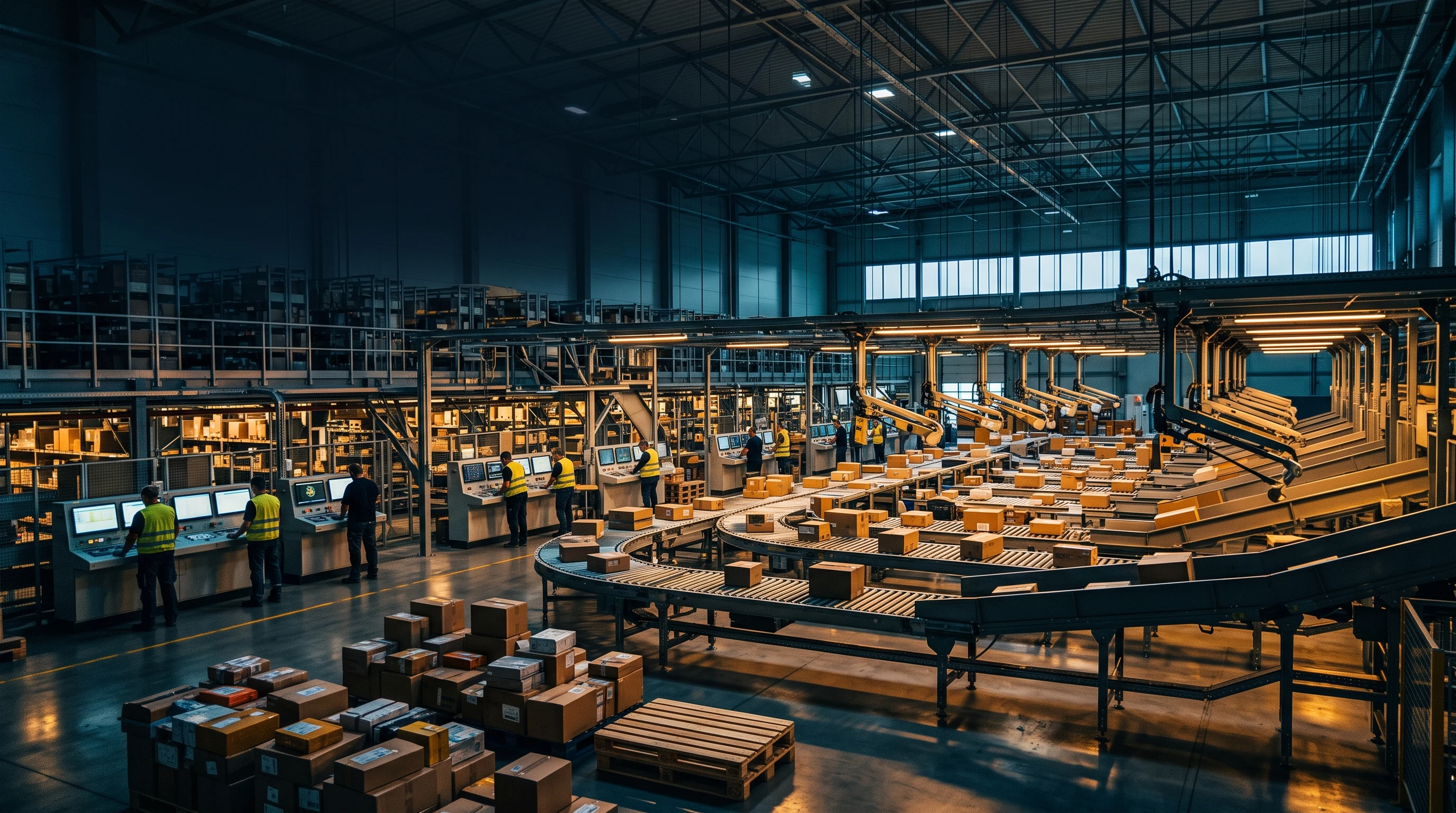 Automated parcel sorting facility with conveyor belts and workers monitoring screens at dusk – Falcon Global Logistics