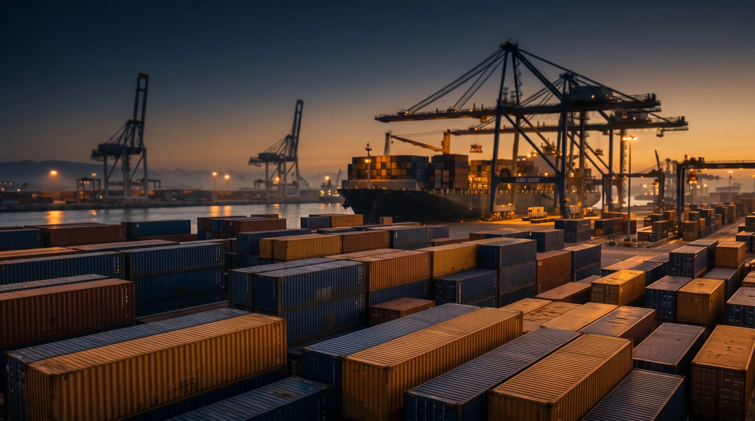 Container port at dusk with stacked shipping containers and gantry cranes loading a cargo ship – Falcon Global Logistics