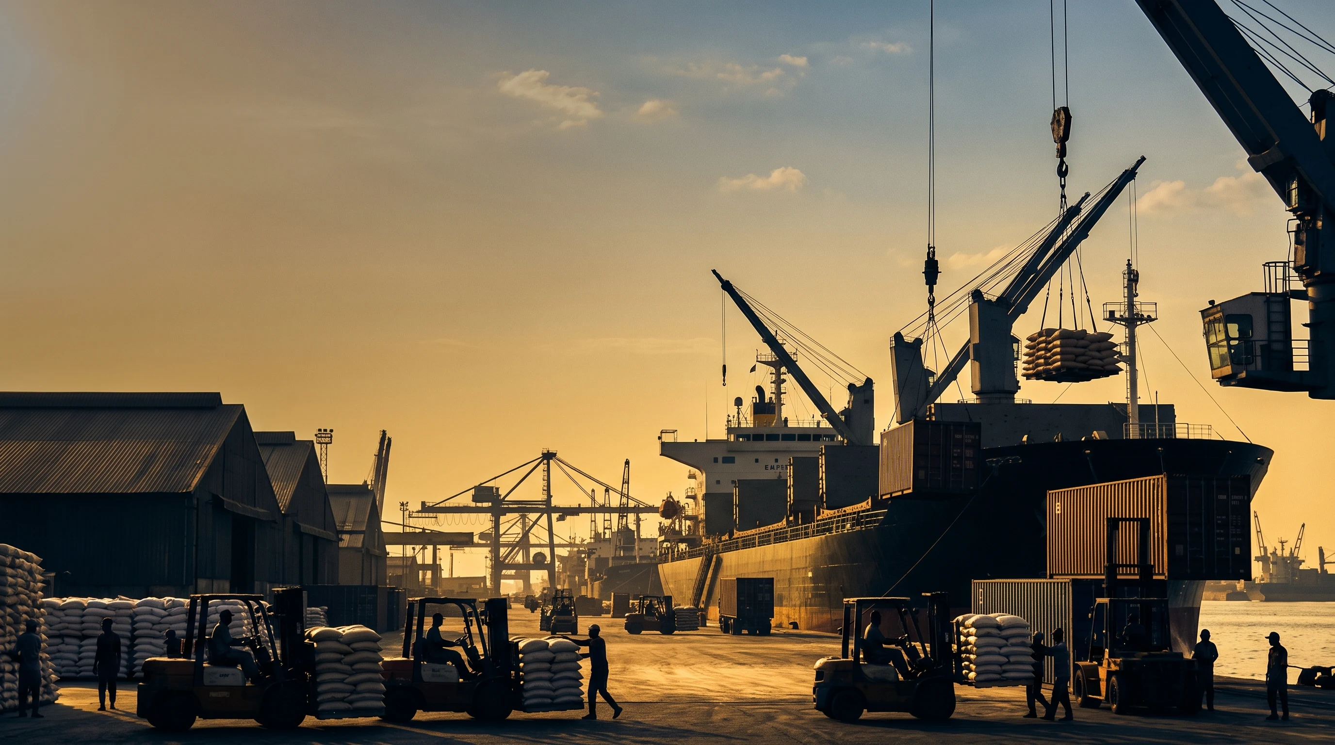 Bulk rice cargo being loaded onto a ship at a Pakistani port at golden hour – Falcon Global Logistics