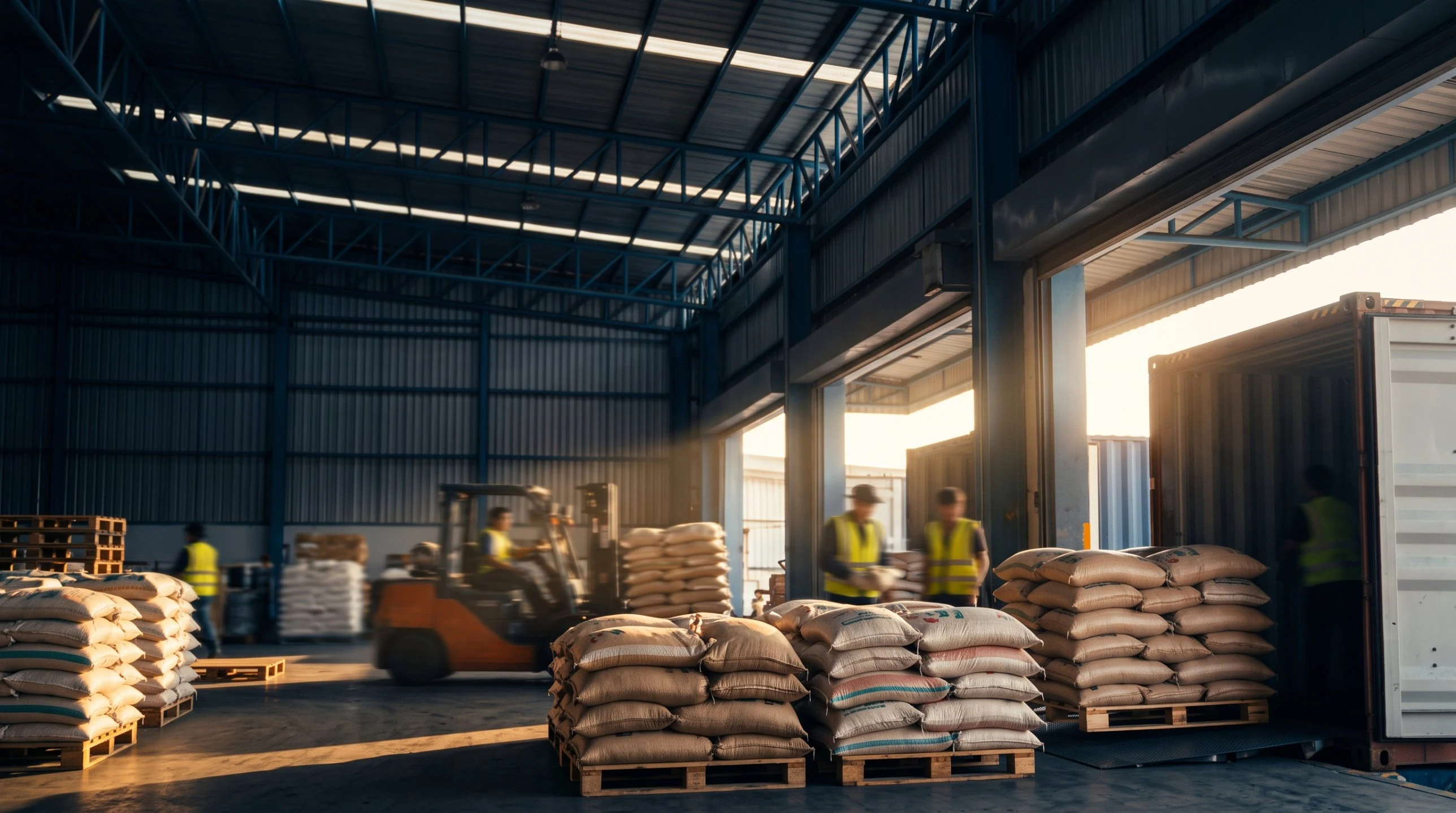 Workers loading bagged rice cargo into a shipping container at a warehouse loading bay – Falcon Global Logistics