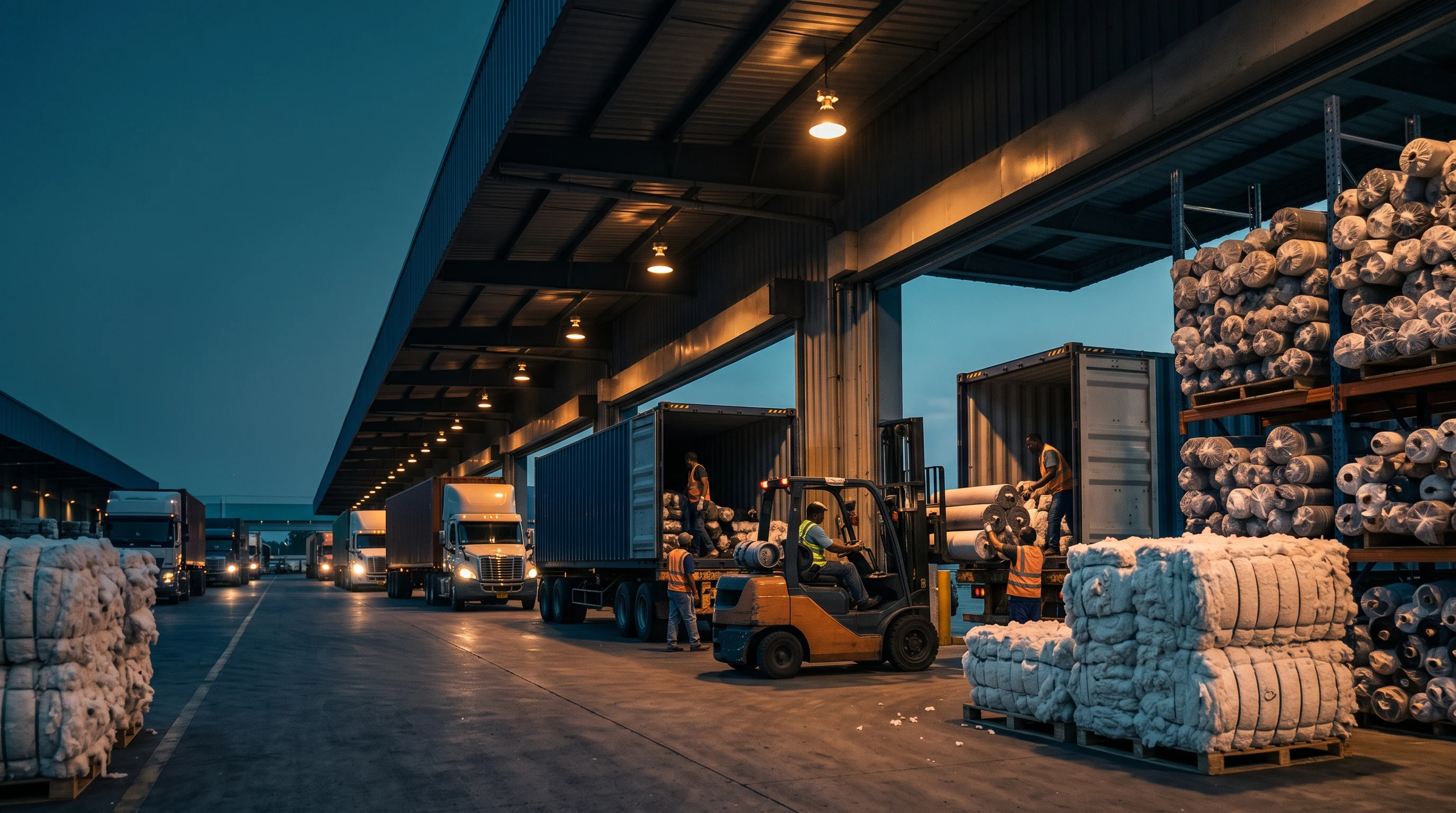 Cotton bales and fabric rolls being loaded into shipping containers at an export warehouse at dusk – Falcon Global Logistics