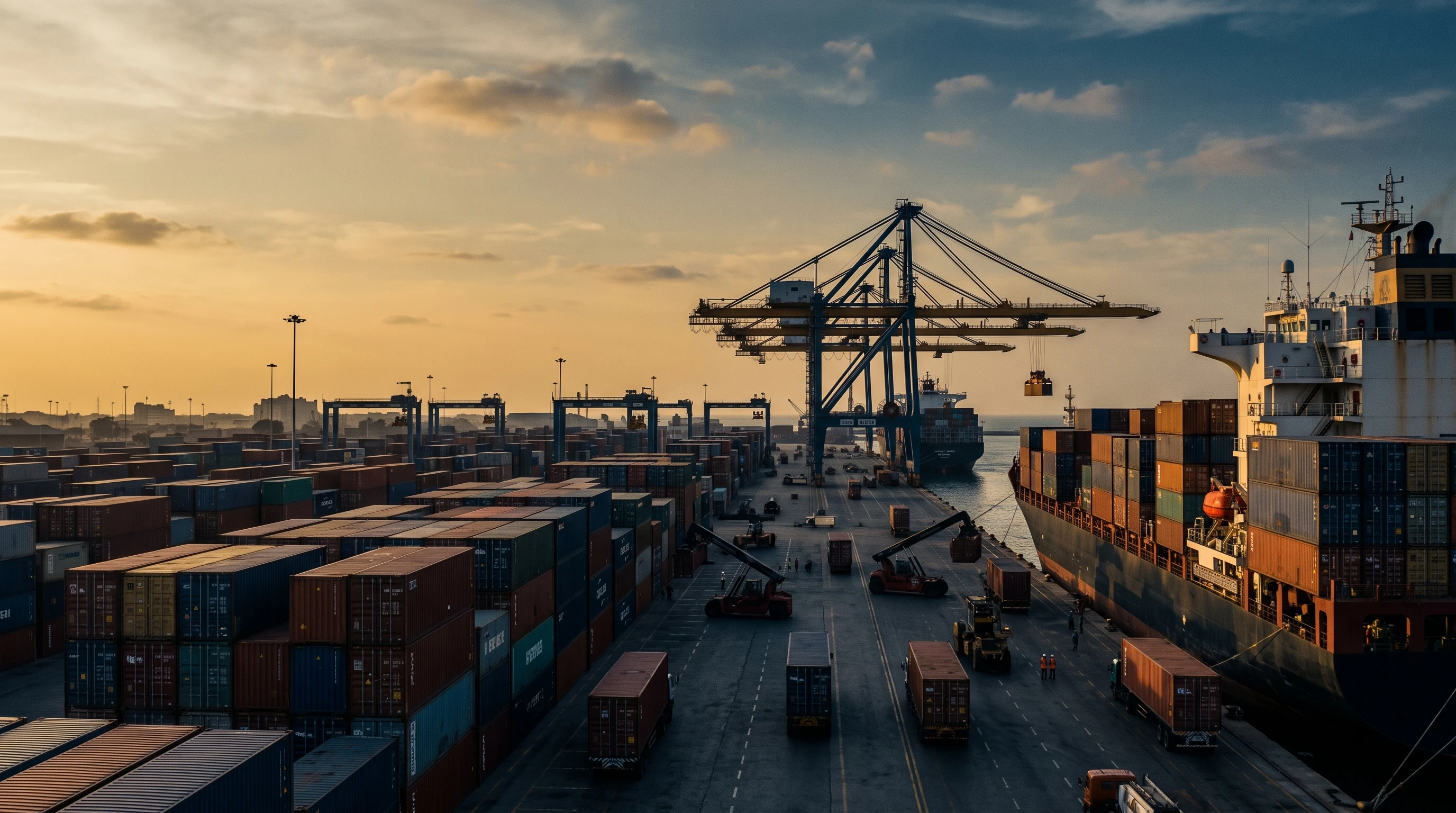 Container port at dusk with gantry cranes loading a cargo ship at Karachi – Falcon Global Logistics