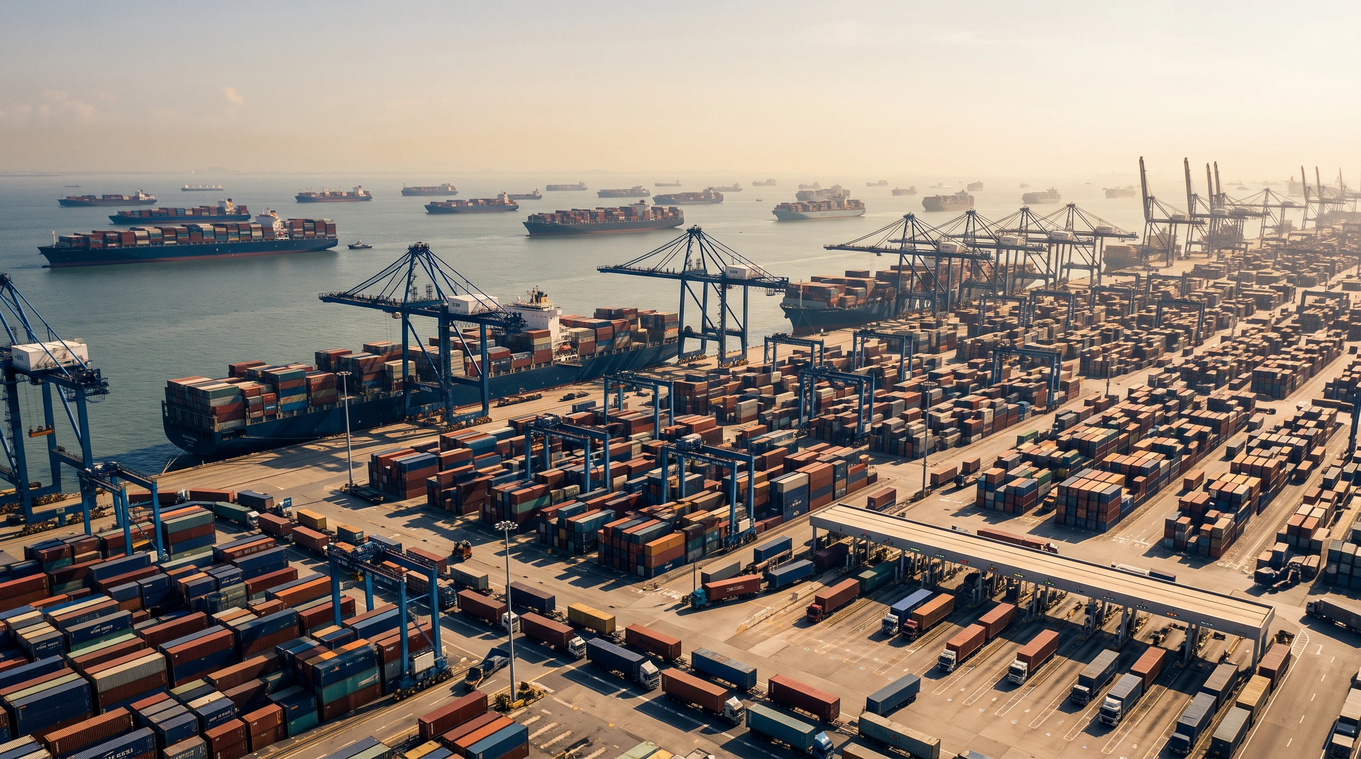 2026 double peak shipping season – congested container port with ships waiting offshore – Falcon Global Logistics