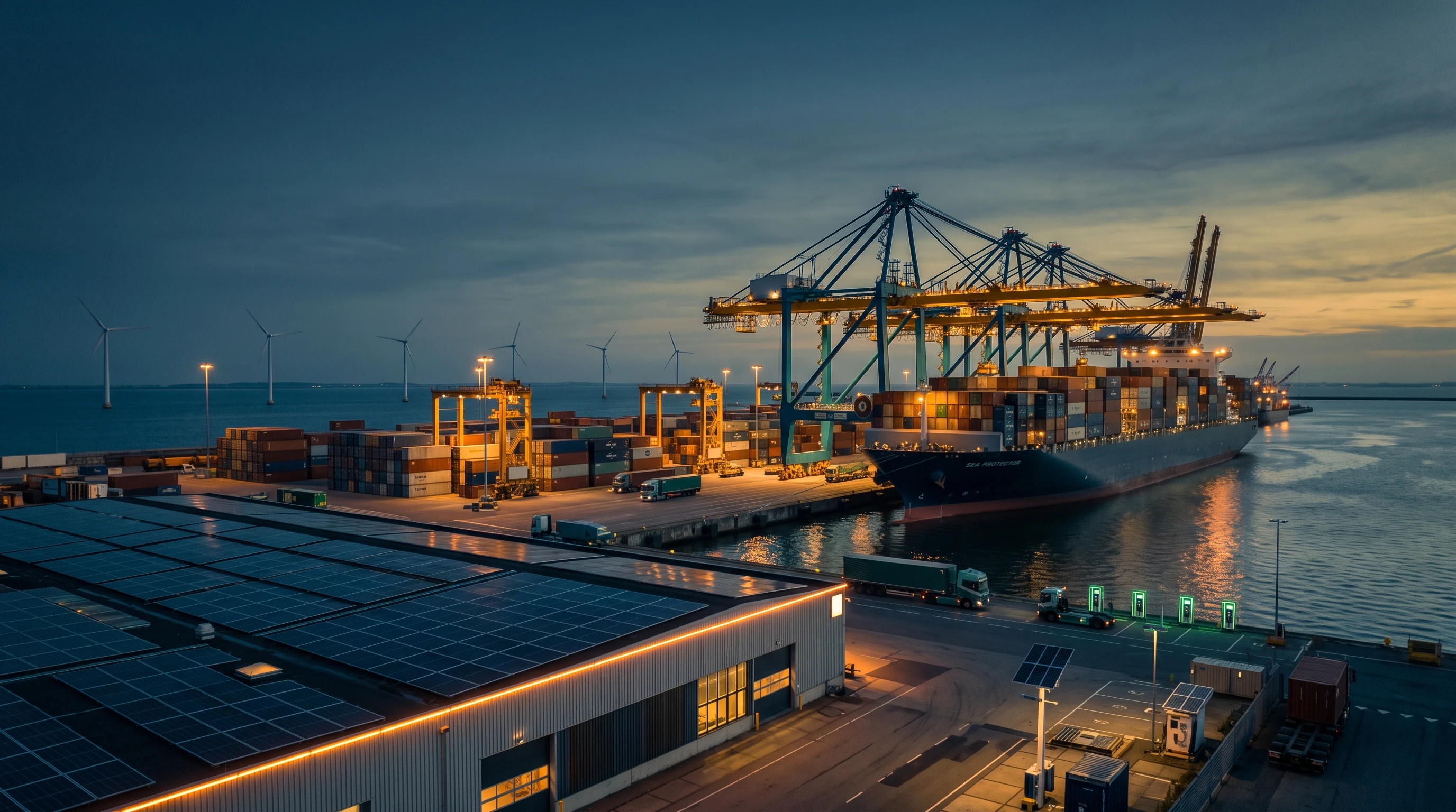 Container port at dusk with solar panels, wind turbines, and electric truck charging infrastructure – Falcon Global Logistics