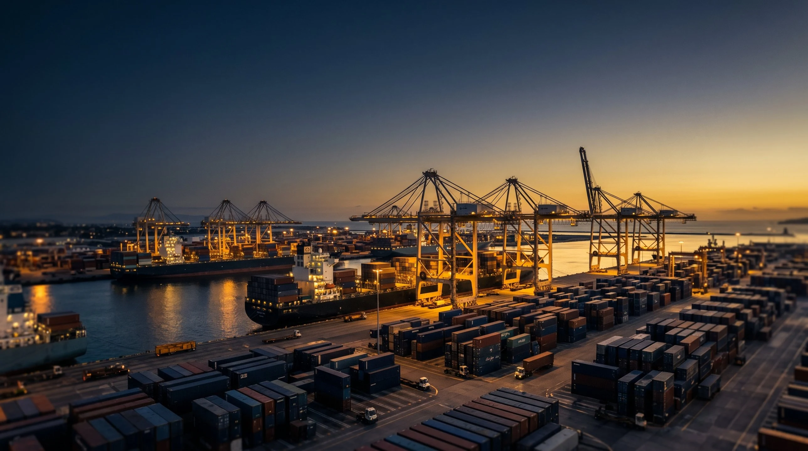Container port at dusk with cargo ships berthed under gantry cranes – Falcon Global Logistics